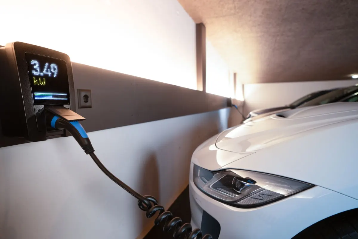 Borne de recharge domicile installée dans un garage, illustrant le raccordement électrique monophasé ou triphasé