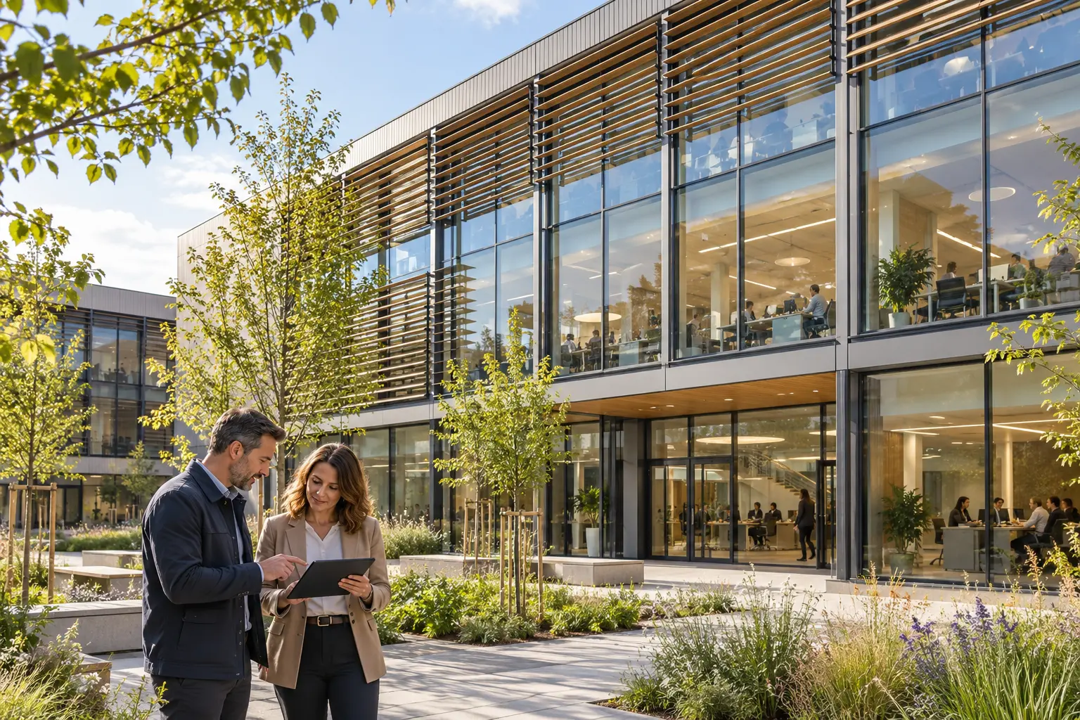 Maître d’ouvrage et spécialiste GTB devant la façade d’un bâtiment tertiaire équipé de protections solaires