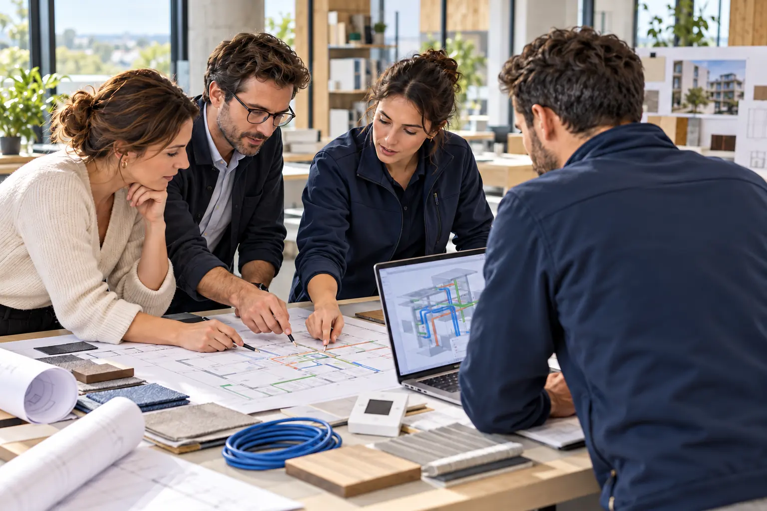 Réunion de coordination entre maître d'ouvrage, bureau d'études, intégrateur GTB et installateur CVC autour de plans techniques.
