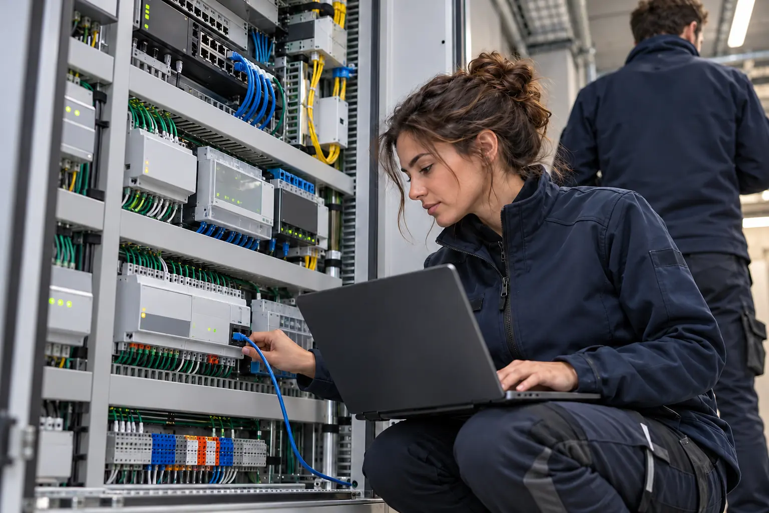 Passerelle KNX IP, contrôleur GTB et ordinateur de maintenance dans une armoire technique documentée.