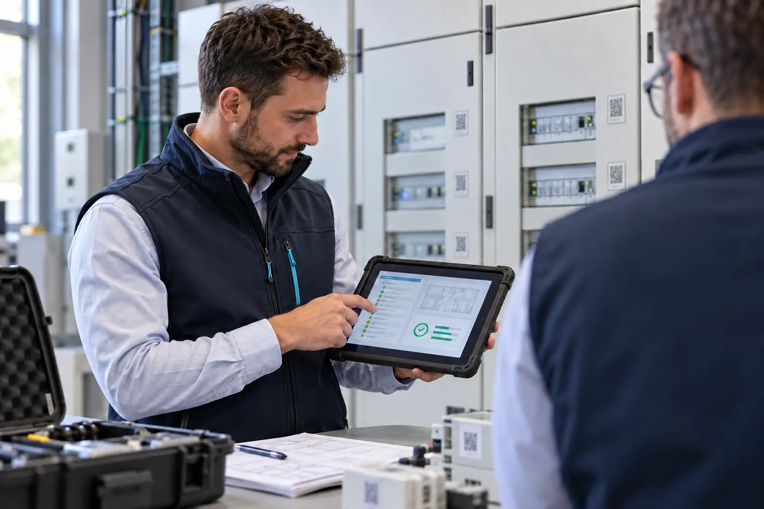 Technicien contrôlant les versions logicielles et la sauvegarde d'une installation KNX lors de la recette.