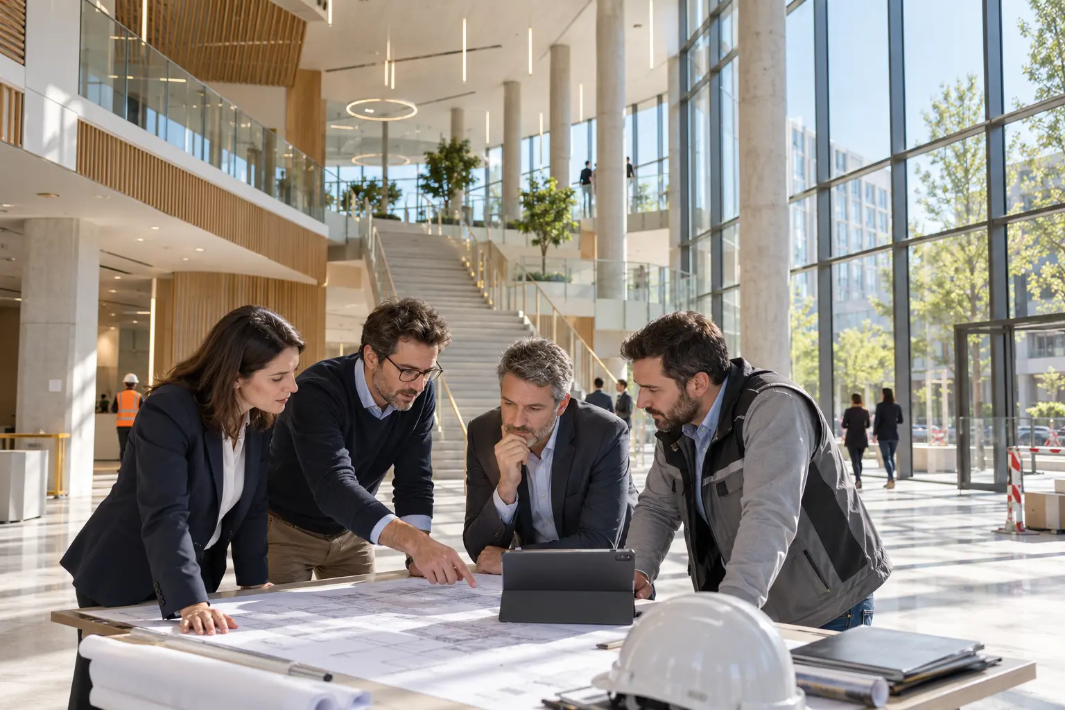 Équipe de maîtrise d’ouvrage et de maîtrise d’œuvre vérifiant les plans dans l’atrium d’un bâtiment tertiaire